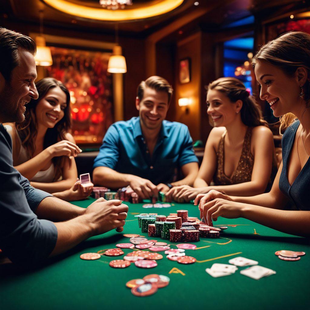 A stylish poker table set under dim casino lights, showcasing vibrant poker chips, a royal flush hand of cards prominently displayed, and a subtle aura symbolizing love around the players. Include diverse, smiling players, emphasizing camaraderie and thrill. Artistic brush strokes style. warm, rich colors. cinematic lighting.