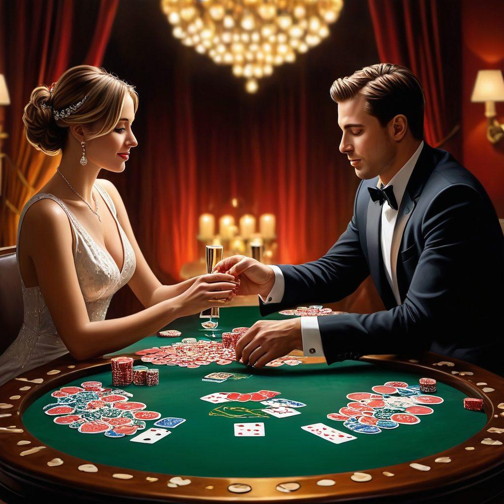 An elegant poker table with a romantic ambiance, scattered with 5-card hands and a pair of champagne glasses. Soft candlelight casts a warm glow on a couple holding hands, with intense focus on the game. A combination of heart symbols and poker chips decorates the background. painting. warm tones. intimate setting.
