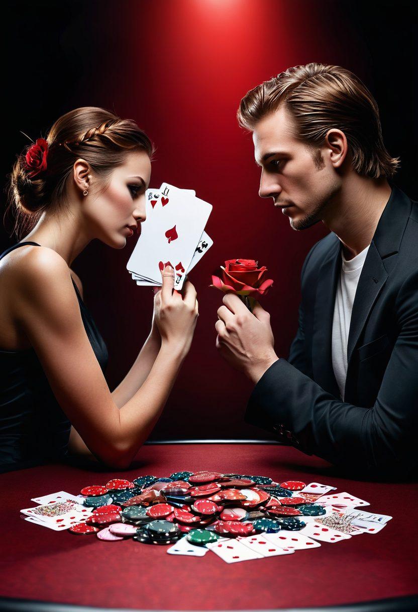 A dynamic poker table scene featuring two intense players facing each other, with one holding a romantic rose and the other a fierce expression, surrounded by stacks of poker chips. Cards with strategic symbols float around them, indicating their thoughts. The background showcases a dramatic blend of red and black, symbolizing love and competition. super-realistic. vibrant colors. dramatic lighting.